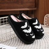 Bat Embroidered Cotton Slippers Ghost Indoor Home Shoes for Women Plus Size Warm Plush Slippers Soft Flat Shoes