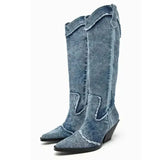 New Style Denim Boots For Women's High Boots Crystal Fringe Chunky Heels Luxury Shoes Retro Ladies Slip-on Chelsea
