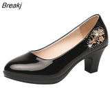 Women's Summer Shoes Rhinestones Cute European Stylish Round Toe Black Pu Leather Square Heel Pumps Lady Casual Wine Red
