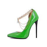 Office Lady Classic Pumps Spring Autumn Thin Extreme High Heels 12cm Stilettos Chain Decorate Glossy PU Leather Party