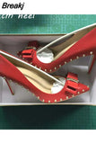 nude 12cm extreme high heels women shoes with bow rivets black red pointed toe shallow women pumps plus size MD002