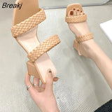 New Fashion Summer Women Sandals Ladies Shallow Mouth Colorblock High Thick Shoes Middle Heel Ladies Slippers Plus