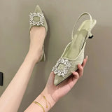 Crystal Buckle Women's Sandal 2023 Summer Women Shoes Flat Heel Pointed Toe Slingback Shoes Slip on Mules Dress