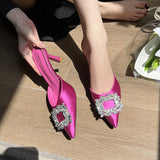 Red Women Pumps Silk Satin Pointed Toe Rhinestone Crystal High Heels Woman Wedding Pumps Slip on Cup Heeled
