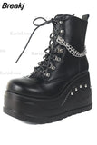 Design Gothic Style INS Hot Sale Fashion Boots Women Shoes Autumn Punk Black High Heels Platform Wedges Boots