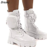 Women New Pocket Boots Lace Up Ladies Anklef Female Buckle Strap Black Booties Chunky Platform Rubber Colored Sole Shoes