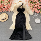 One Shoulder Leopard Print Long Dress Women Fashion Autumn Sleeveless High Waist Split Evening Party Mermaid Dress