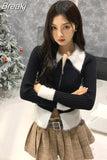 Winter Faux Fur Y2k Crop Tops Korean Fashion Knitted Sweater Zipper Design Long Sleeve Casual Pullover Female Slim
