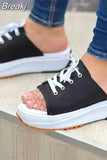 Women's Slippers 2023 Summer New Fashion Thick Bottom Cross Lace Black Dress Flat Slippers Canvas Casual Beach