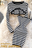 Striped 2 Piece Set Women Fashion Streetwear Long Sleeve Knit Pullover Crop Top + Spaghetti Strap Bodycon Dress