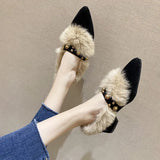Winter New Women Pointed Toe Rivet Thick Heels Loafer Retro British Style Warm Casual Slip on Chunky Footware Women