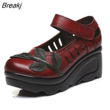 2023 Spring Autumn Ethnic Comfortable Women Wedges Genuine Leather Women's Shoes round toe Platform high heels