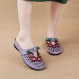Summer New Flat Bottom Low Heel Women's Shoes National Wind Leather Flower Slippers Hollow Breathable Comfortable Hole Hole