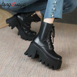 Women's Ankle Boots Zip Lace Up Square Toe Ladies Boots Thick Bottom Non-slip High Heels Female Shoes Winter Footwear
