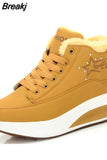 Women Cotton-padded Winter Outdoor Snow Boots Wedge Sneakers Height Increase Slimming Running Shoes Leather Rocking Shoes