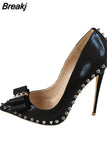 nude 12cm extreme high heels women shoes with bow rivets black red pointed toe shallow women pumps plus size MD002