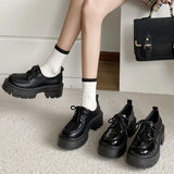Patent Leather Platform Loafers Women 2023 Preppy Style Lace Up Oxford Shoes Woman Black Thick Bottom Y2K Shoes