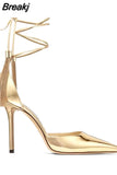 Cross-tied Strap Sandals Women Pointed Toe High Heel Women's Shoes Summer Party Stiletto Gold Ladies Pumps Femme