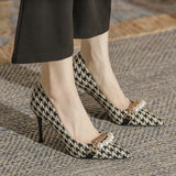 Womens Summer Footwear Pointed Toe Shoes for Woman 2023 Office on Heeled Pumps High Heels Stilito Sale Beige Plaid Free