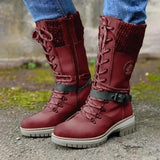 Mujer Women's Winter Side-pull Lace-up Knitted Mid-tube Boots Low-heeled Round-toe Boots High-quality Winter Warm Boots