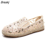 New Lace Mesh Crystal Butterfly Loafers Women Luxury Pearl Moccasins Ladies Summer Walking Shoes Fashion Ballet
