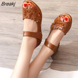 Genuine Leather Peep Toe Ladies Sandals Summer Shoes Women Low Heel 2023 Hook & Loop Soft Comfort Flat Sandals