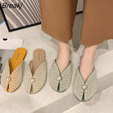 Shoes Women Luxury 2022 Summer Slippers Round Head Shoes Outdoor Flat Bottom Pearl Mules Slides Half Drag Home