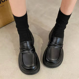 Brown Pu Leather Platform Loafers Women Fashion Slip On Shallow Flats Shoes Woman British Style Middle Heels Office