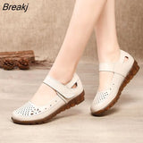 Genuine Leather Ladies Flat Summer Shoes Woman Slip On Casual Loafers Hollow Out Round Toe Soft Comfort Sandals