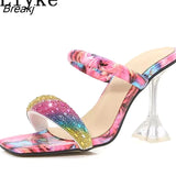 Runway Style Glitter Rhinestones Women Transparent Heels Slippers Summer Square Toe Color Sandals Size 46 Female