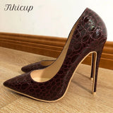 Women Burgundy Crocodile-Effect Pointed Toe Stiletto Pumps Wine Red Slip On Extremely High Heels for Sexy Ladies