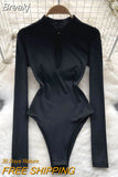 Women Black Long Sleeve Bodysuits New Spring Autumn Stand Collar Hollow Out Front Slim Fit Body Tops Fashion