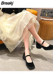 Janes Shoes Female Golden Velvet New Square Toe College Style Casual Pumps Fashion Shallow Buckle Shoes High Heel