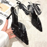 New Stiletto Heel Sandals Pointed Toe Mesh Slingback Sandals Ladies Party Shoes Shoes Elegant High