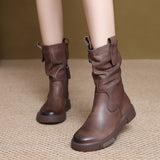 Breakj Layer Kraft Mid-Sleet Boots Women Autumn And Winter New Flat Bottom Comfortable Side Zipper Martin Boots Retro Style Horse