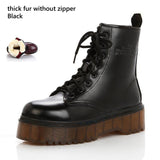 Womens Autumn Winter Ankle Boots Lace Up Flat Heels Fur Cotton Padded Platform Shoes Woman Leather Motorcycle Botas