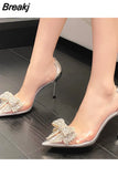 Fashion Sliver Rhinestone Bow PVC Transparent Women Pumps Autumn Stiletto High Heels Sexy Bride Party Wedding Dress