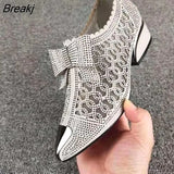 Women's Pointed Toe Sandals Luxury Breathable Mesh Bowknot Rhinestone Clear Elegant Mid-Heeled Simple Pump Shoes Mesh