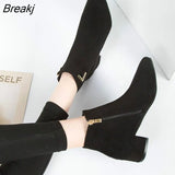 ANKLE BOOTS Fashion Casual Genuine Leather Low High Heels Thick Shoes PU Autumn Pointed Toe Rubber Female Winter Black