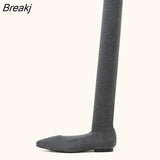 Slim Leg Thigh High Sock Boots Women Cozy Gray Stretch Fabric Pointed Toe Flat Heels Over The Knee Slip On Shoes