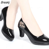 Women's Summer Shoes Rhinestones Cute European Stylish Round Toe Black Pu Leather Square Heel Pumps Lady Casual Wine Red