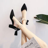 Thick Heel Sandals Pointed Toe String Bead Chain High Heels Sweet Bow Ladies Pumps Mid Hollow Party Dress Single
