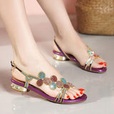 New Bohemian Fashion Diamond Sandals Summer Leather Flat Sandals Non-Slip Crystal