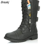 Women Boots Zip Buckle Military Combat Boots Credit Card Pocket Booties Lace Up Black Shoes Motorcycle Boots Take Zipper