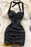 Korean Women Bodycon Mini Dress Gold Black Lace-up Halter Collar Sleeveless Backless Padded Slim Folds Club Party