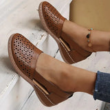 Retro Pu Leather Hollow Out Flats Women Spring Summer Thick Sole Wedges Shoes Woman Comfy Slip on Casual Shoes Size