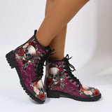 Skeleton Rose Women Snow Ankle Boots Motorcycle Skull Low Heels Shoes Vintage Pu Warm Winter Increase The 43 botas de