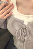 Color Fake Two Pullover Korean Style Y2k Crop Tops Woman Slim Causal Long Sleeve Knitted Sweater Clothing 2023 Spring