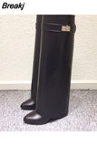 Design Shark Lock Women Boots Sexy Slip-on Knee High Boots For Woman Motorcycle Botas Mujer Genuine Leather Wedge