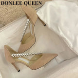 Fashion Brand Crystal Embellished High Heels Shoes Women Pointed Toe Dress Rhinestone Wedding Party Pumps Black Suede
